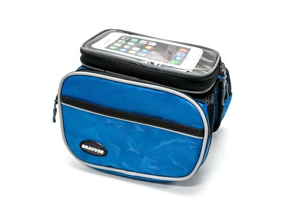 Велосумка на раму, с отделением под смартфон синий с серой полосой BRAVVOS QL-110 описание, фото, купить