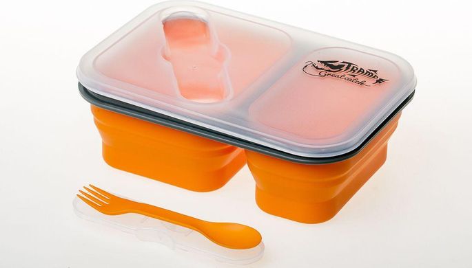 Складной силиконовый контейнер для едына 2 отсека Tramp (900ml) с ловилкой orange описание, фото, купить