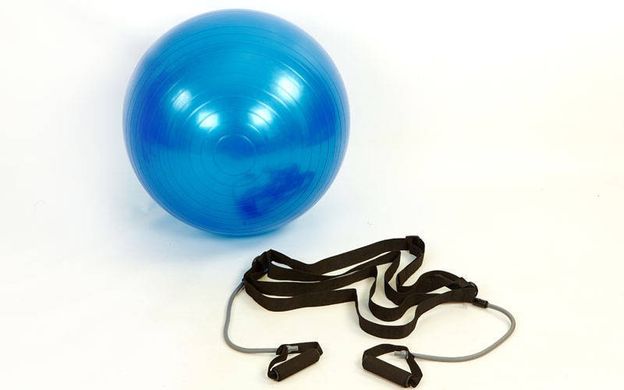 Мяч для фитнеса (фитбол) глянцевый с эспандерами и ремнем для крепл 75см PS FI-0702B-75 (1500г, ABS) описание, фото, купить